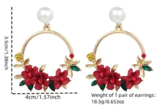 Floral Flower Basket Circle Red Blooms Ring Gold Plated Faux Pearl Rhinestone Drop Earrings