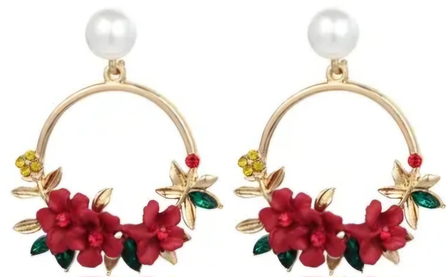 Floral Flower Basket Circle Red Blooms Ring Gold Plated Faux Pearl Rhinestone Drop Earrings