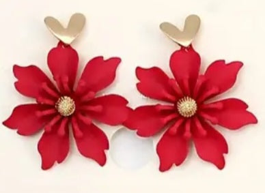 Enamel Painted Floral Flower Red Gold Plated Heart Drop Dangle Earrings