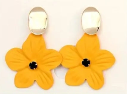 Enamel Painted Floral Flower Yellow Gold Plated Oval Drop Dangle Earrings