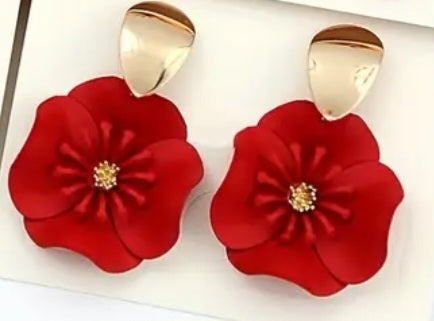 Enamel Painted Floral Flower Red Poppy Gold Plated Tear Drop Dangle Earrings