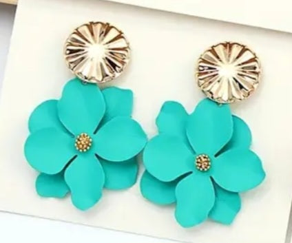 Enamel Painted Floral Flower Teal Blue Gold Plated Daisy Drop Dangle Earrings