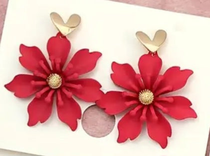 Enamel Painted Floral Flower Red Gold Plated Heart Drop Dangle Earrings