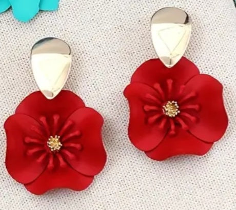 Enamel Painted Floral Flower Red Poppy Gold Plated Tear Drop Dangle Earrings