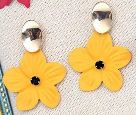 Enamel Painted Floral Flower Yellow Gold Plated Oval Drop Dangle Earrings