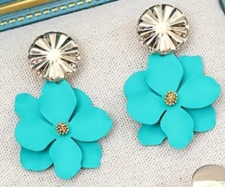 Enamel Painted Floral Flower Teal Blue Gold Plated Daisy Drop Dangle Earrings