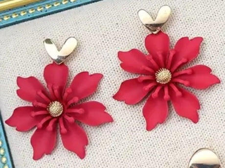 Enamel Painted Floral Flower Red Gold Plated Heart Drop Dangle Earrings