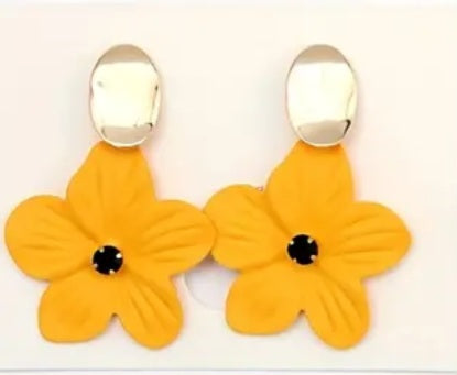 Enamel Painted Floral Flower Yellow Gold Plated Oval Drop Dangle Earrings