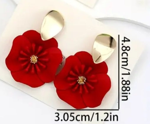 Enamel Painted Floral Flower Red Poppy Gold Plated Tear Drop Dangle Earrings