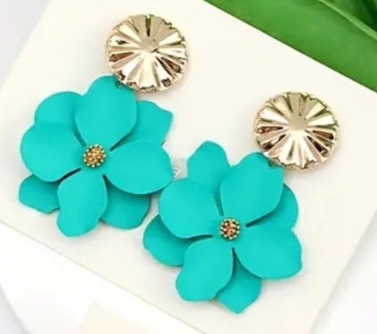 Enamel Painted Floral Flower Teal Blue Gold Plated Daisy Drop Dangle Earrings