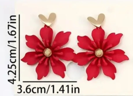 Enamel Painted Floral Flower Red Gold Plated Heart Drop Dangle Earrings