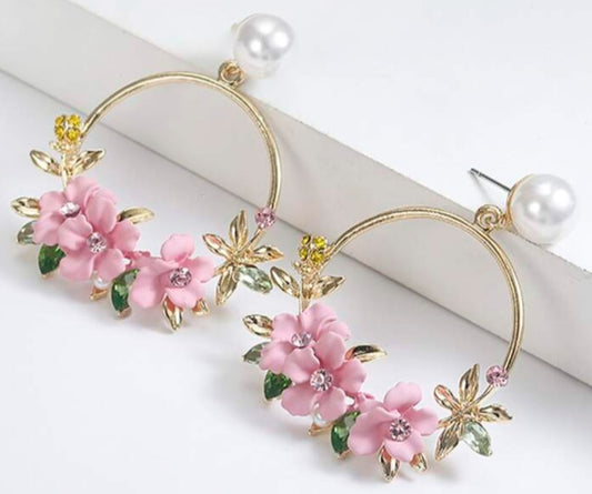 Floral Flower Basket Circle Pink Blooms Ring Gold Plated Faux Pearl Rhinestone Drop Earrings