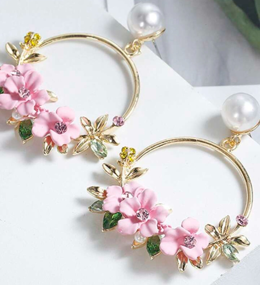 Floral Flower Basket Circle Pink Blooms Ring Gold Plated Faux Pearl Rhinestone Drop Earrings