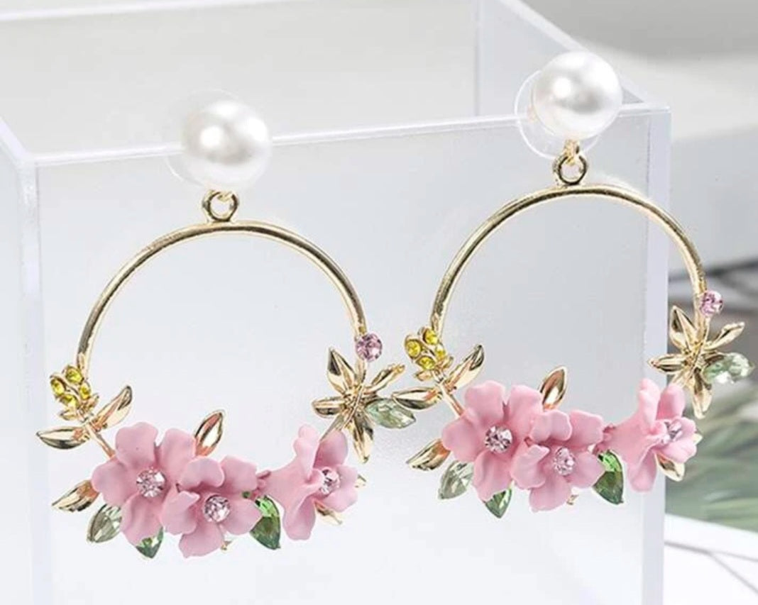 Floral Flower Basket Circle Pink Blooms Ring Gold Plated Faux Pearl Rhinestone Drop Earrings