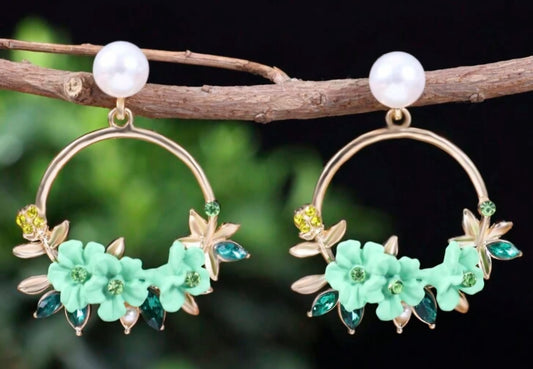 Floral Flower Basket Circle Green Blooms Ring Gold Plated Faux Pearl Rhinestone Drop Earrings