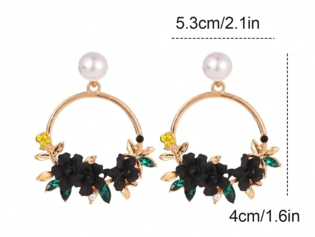 Floral Flower Basket Circle Black Blooms Ring Gold Plated Faux Pearl Rhinestone Drop Earrings