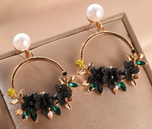 Floral Flower Basket Circle Black Blooms Ring Gold Plated Faux Pearl Rhinestone Drop Earrings