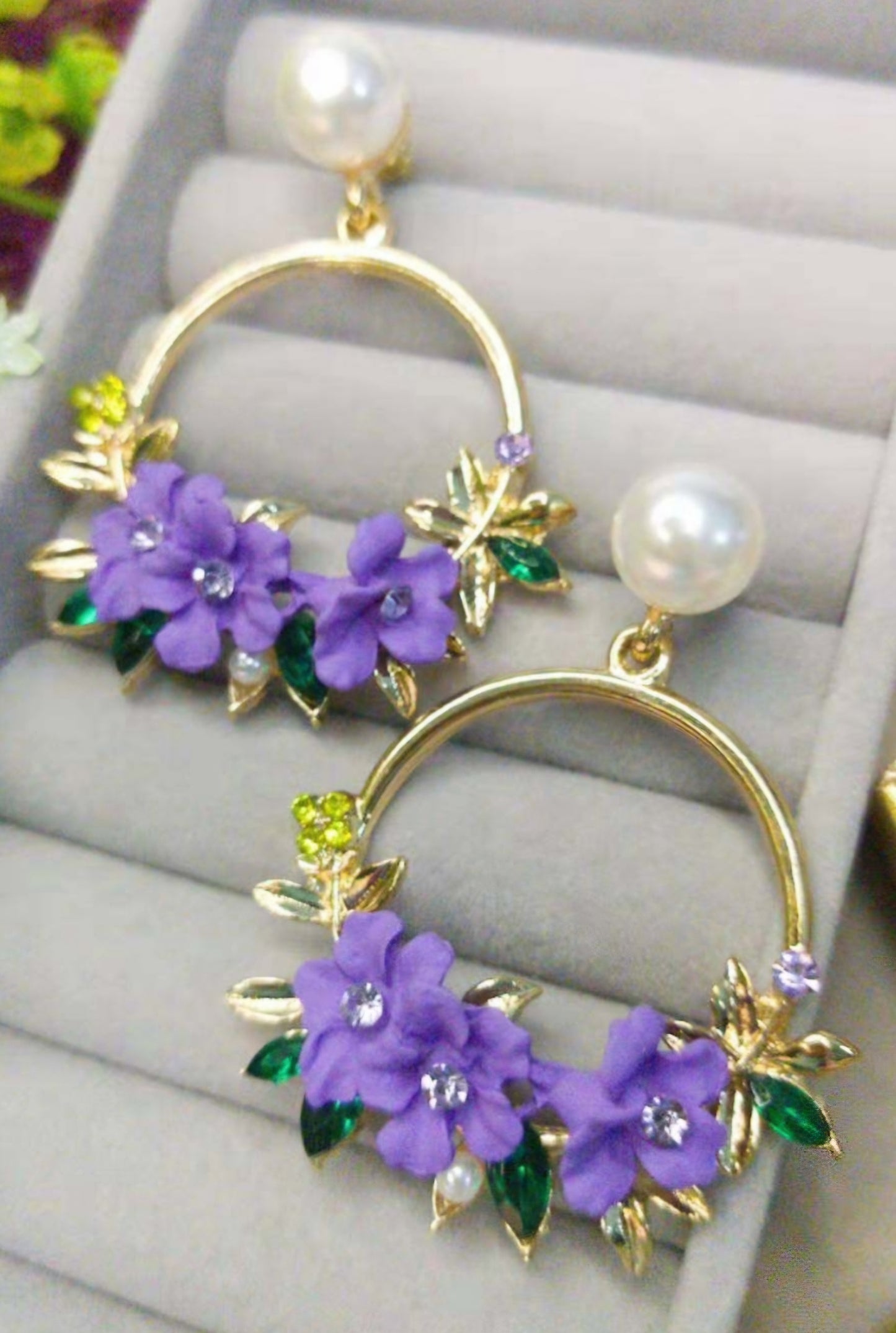 Floral Flower Basket Circle Lilac Purple Violet Blooms Ring Gold Plated Faux Pearl Rhinestone Drop Earrings