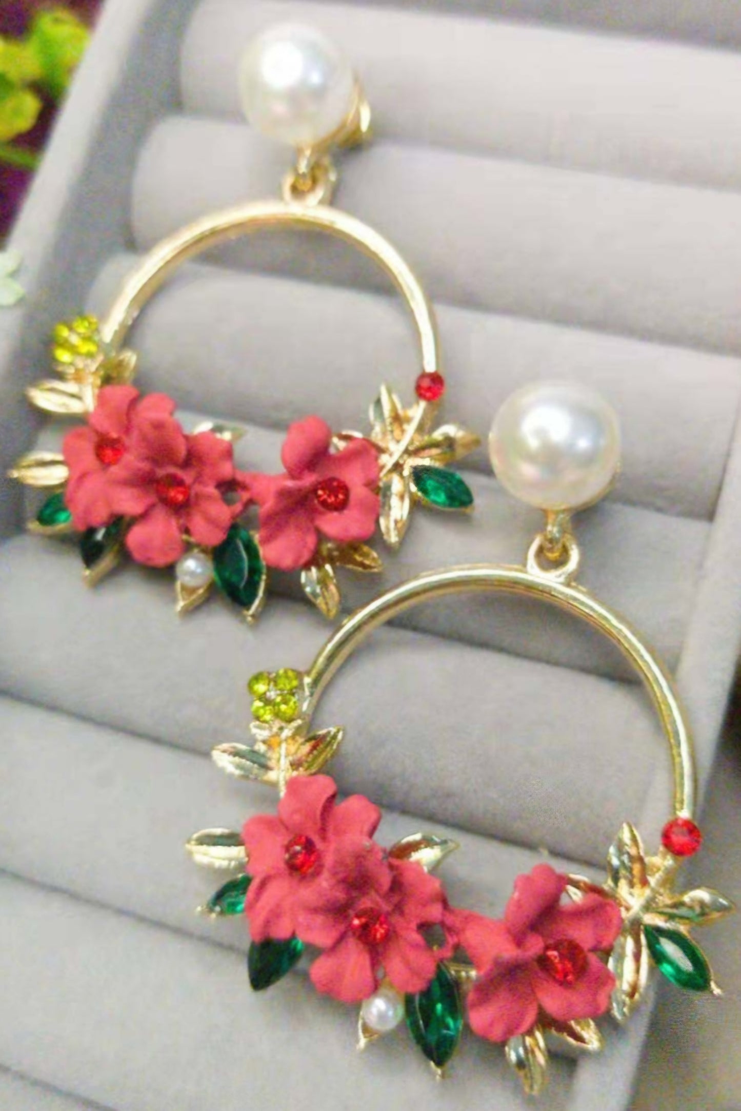 Floral Flower Basket Circle Red Blooms Ring Gold Plated Faux Pearl Rhinestone Drop Earrings