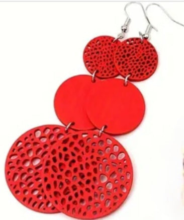 Colourful Circle Disc Triple Drop Red Extra Large Wooden Drop Dangle Earrings