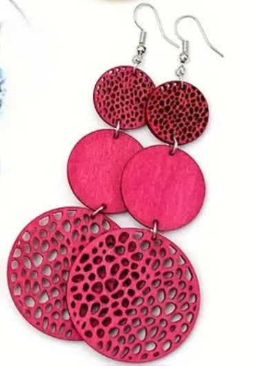 Colourful Circle Disc Triple Drop Rose Red Pink Extra Large Wooden Drop Dangle Earrings