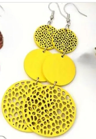 Colourful Circle Disc Triple Drop Yellow Extra Large Wooden Drop Dangle Earrings