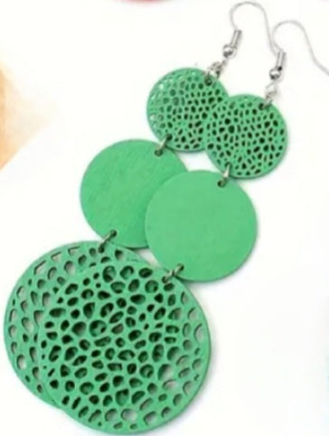 Colourful Circle Disc Triple Drop Green Extra Large Wooden Drop Dangle Earrings