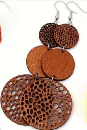 Colourful Circle Disc Triple Drop Brown Extra Large Wooden Drop Dangle Earrings