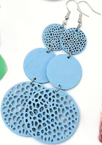 Colourful Circle Disc Triple Drop Sky Blue Extra Large Wooden Drop Dangle Earrings