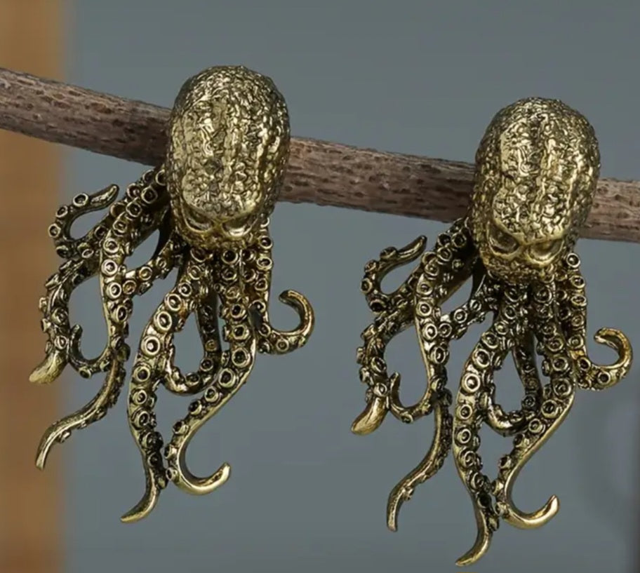 Antique Gold Plated Copper Filled Gothic Nautical Octopus Design Front Stud Back Dangle Earrings