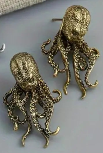 Antique Gold Plated Copper Filled Gothic Nautical Octopus Design Front Stud Back Dangle Earrings