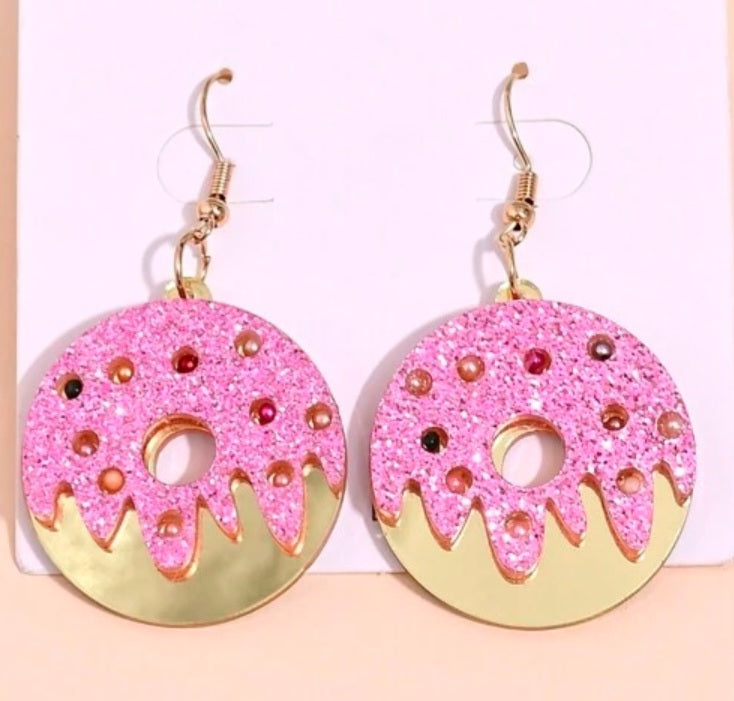 Cartoon Donut Design Pink Glitter Faux Pearl And Gold Mirror Look Drop Dangle Earrings