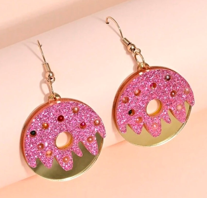 Cartoon Donut Design Pink Glitter Faux Pearl And Gold Mirror Look Drop Dangle Earrings