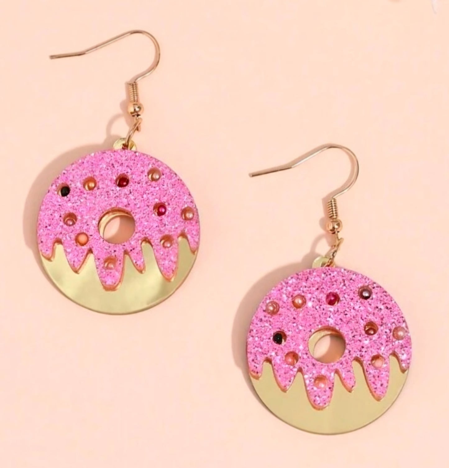 Cartoon Donut Design Pink Glitter Faux Pearl And Gold Mirror Look Drop Dangle Earrings