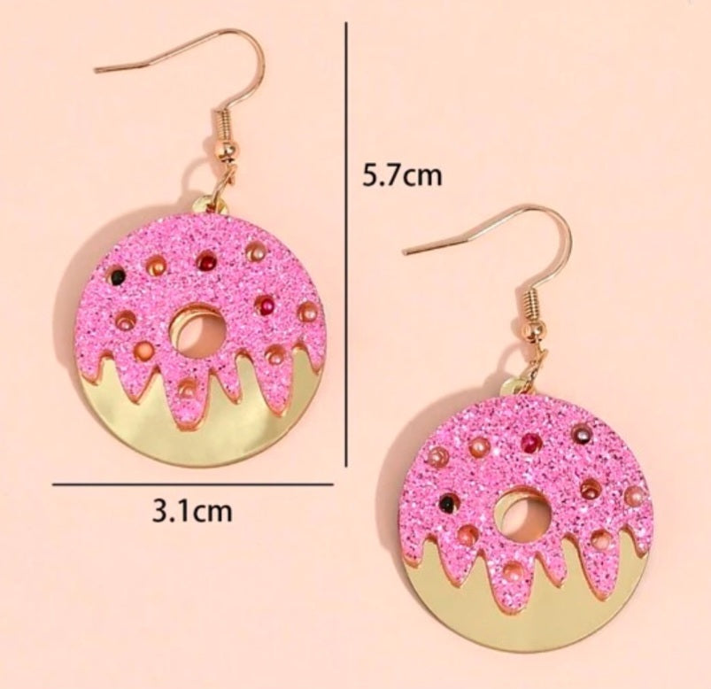 Cartoon Donut Design Pink Glitter Faux Pearl And Gold Mirror Look Drop Dangle Earrings