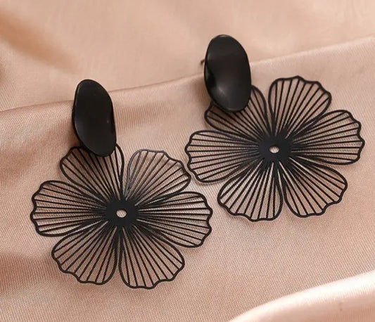 Beautiful Fancy Floral Flower Design Black Metal Fine Line Lightweight Drop Dangle Earrings