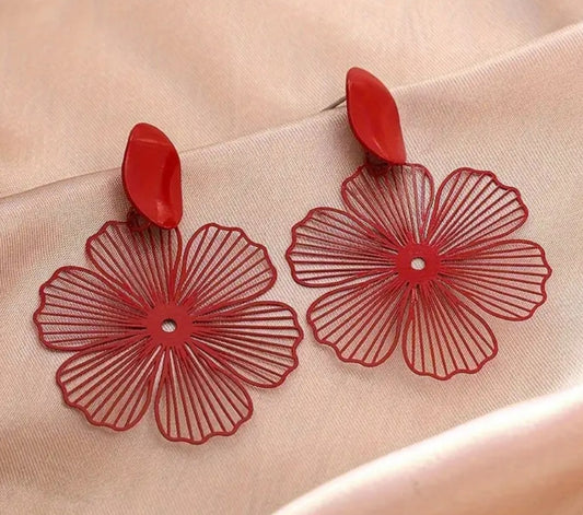 Beautiful Fancy Floral Flower Design Red Metal Fine Line Lightweight Drop Dangle Earrings