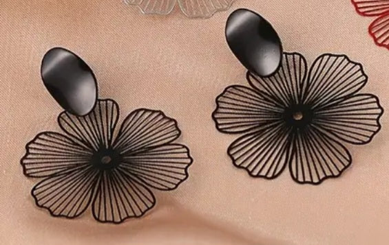 Beautiful Fancy Floral Flower Design Black Metal Fine Line Lightweight Drop Dangle Earrings