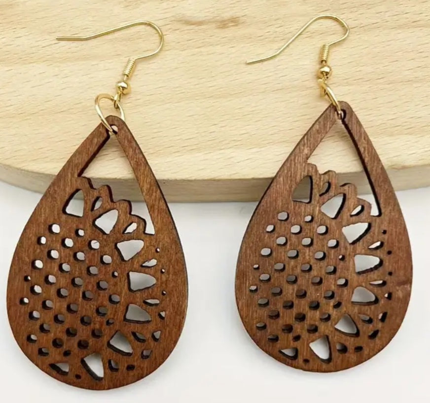 Floral Sunflower Brown Teardrop Lightweight Wooden Drop Dangle Earrings