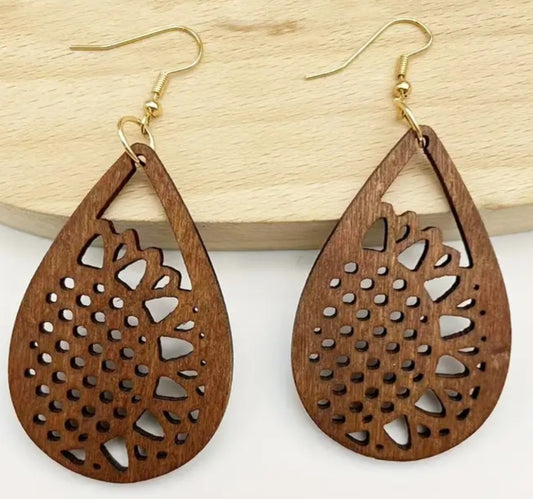 Floral Sunflower Brown Teardrop Lightweight Wooden Drop Dangle Earrings