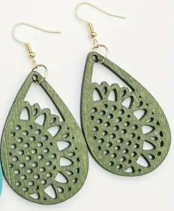 Floral Sunflower Forrest Green Teardrop Lightweight Wooden Drop Dangle Earrings