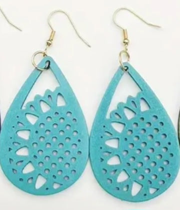 Floral Sunflower Light Blue Teardrop Lightweight Wooden Drop Dangle Earrings