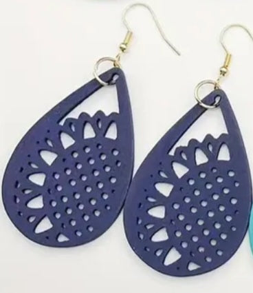 Floral Sunflower Dark Blue Teardrop Lightweight Wooden Drop Dangle Earrings