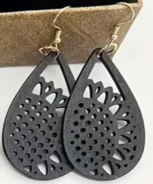 Floral Sunflower Black Teardrop Lightweight Wooden Drop Dangle Earrings