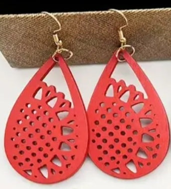 Floral Sunflower Red Teardrop Lightweight Wooden Drop Dangle Earrings