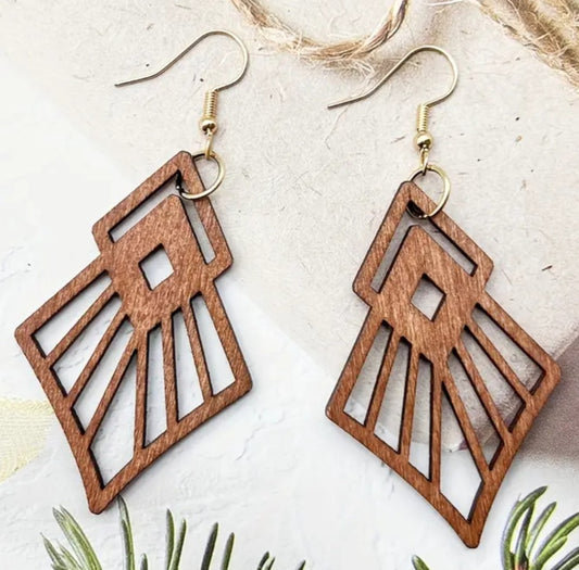 Diamond Fancy Rhombus Design Brown Lightweight Wooden Drop Dangle Earrings