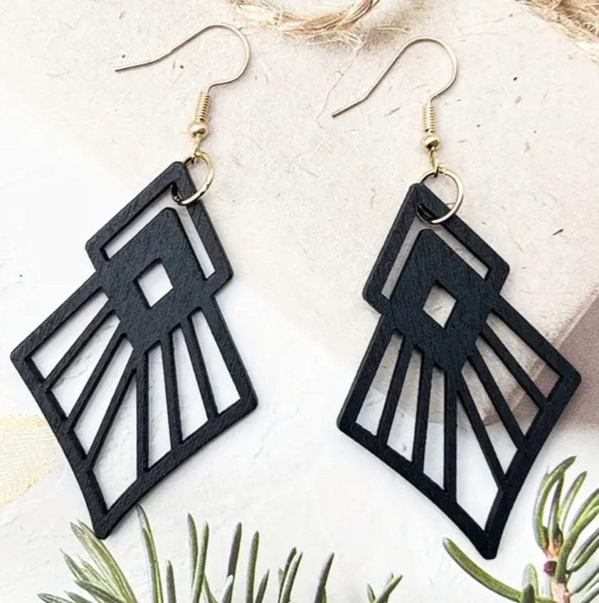 Diamond Fancy Rhombus Design Black Lightweight Wooden Drop Dangle Earrings