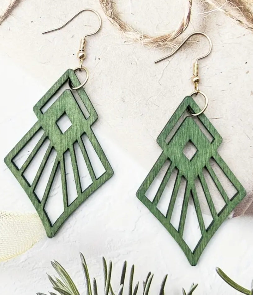 Diamond Fancy Rhombus Design Forrest Green Lightweight Wooden Drop Dangle Earrings