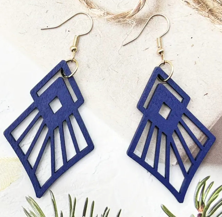 Diamond Fancy Rhombus Design Blue Lightweight Wooden Drop Dangle Earrings