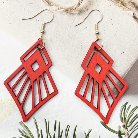 Diamond Fancy Rhombus Design Red Lightweight Wooden Drop Dangle Earrings